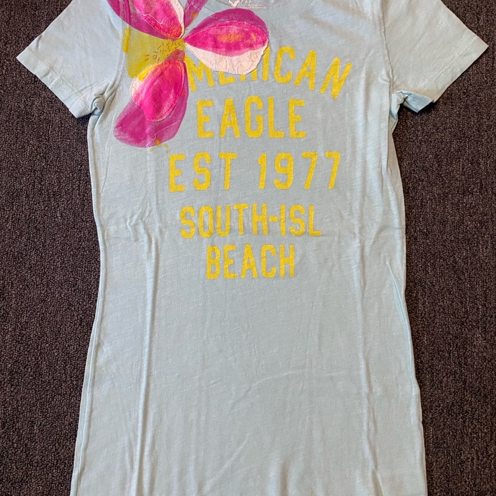 American Eagle Outfitters Light Blue Tee with Pink and Yellow Accents